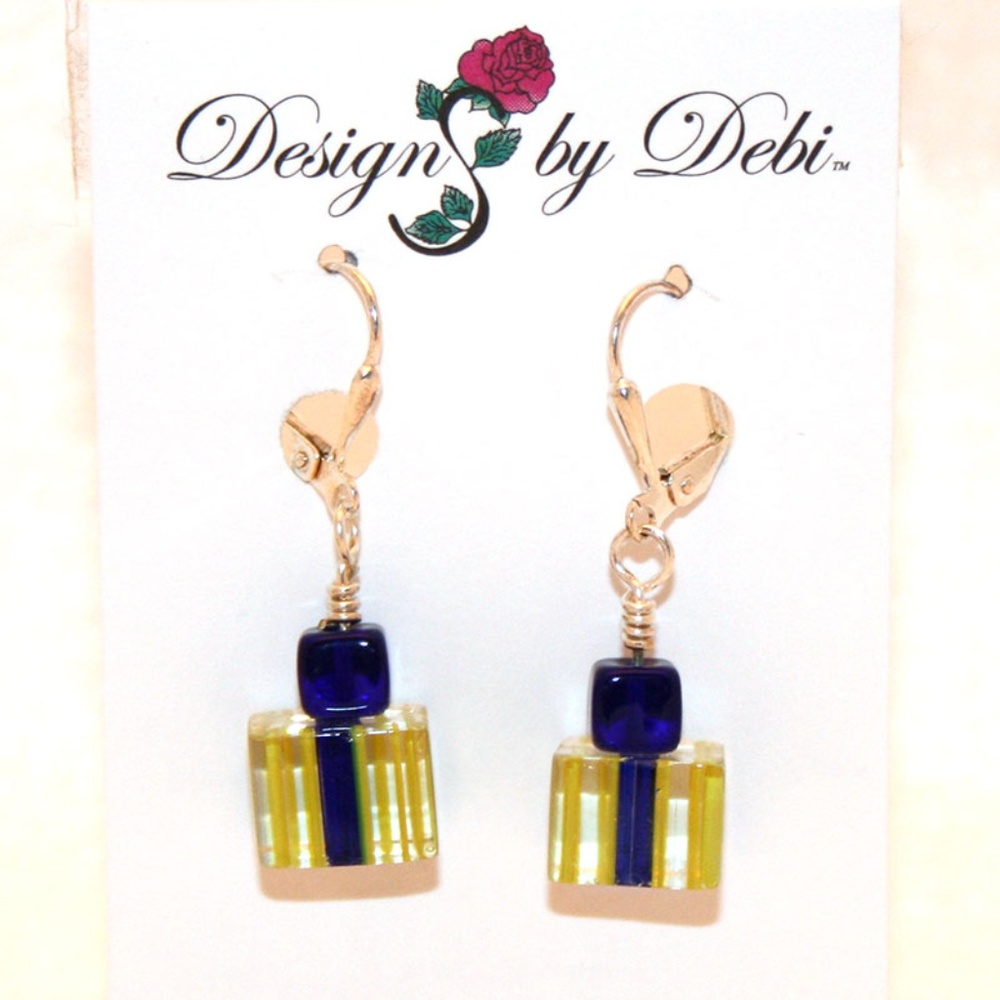 3/$25 OOAK Blue & Yellow Cubes Leverback Earrings